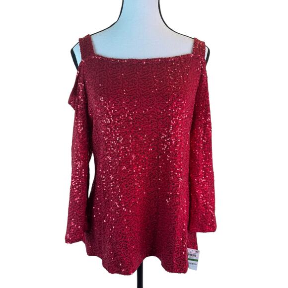 NWT INC International Concepts Real Red Sequin Cold Shoulder Party Top Sz Large - Picture 1 of 7